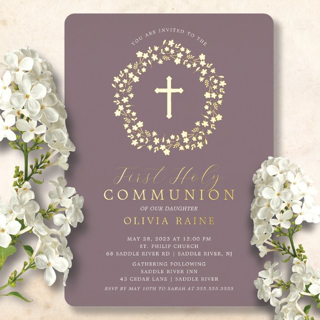 Mauve Floral Girls First Communion Foil Invitation (Créateur téléchargé)