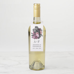Mauve Floral Glam Gothic Owls Wedding Bottle Hange Flaschenanhänger