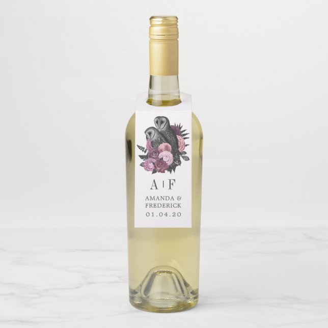 Mauve Floral Glam Gothic Owls Wedding Bottle Hange Flaschenanhänger (Auf Flasche)