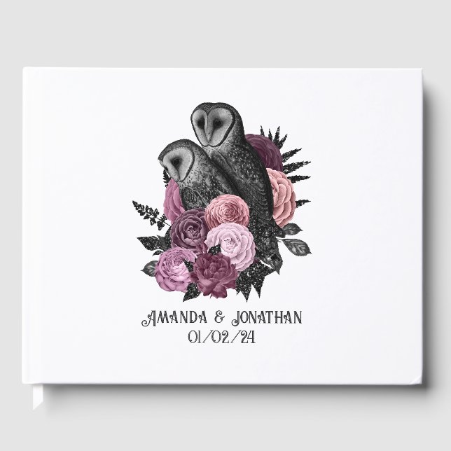 Mauve Floral Glam Gothic Owls Wedding Gästebuch (Vorderseite)
