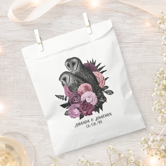 Mauve Floral Glam Gothic Owls Wedding Geschenktütchen (Ausgeschnitten)