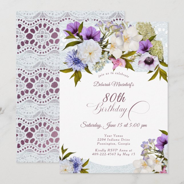 Mauve Floral Grandmas Garten 80. Einladung (Vorne/Hinten)