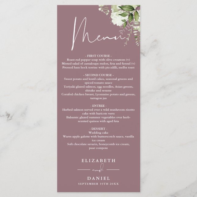 Mauve Floral Greenery Monogram Wedding Dinner Menükarte (Vorderseite)