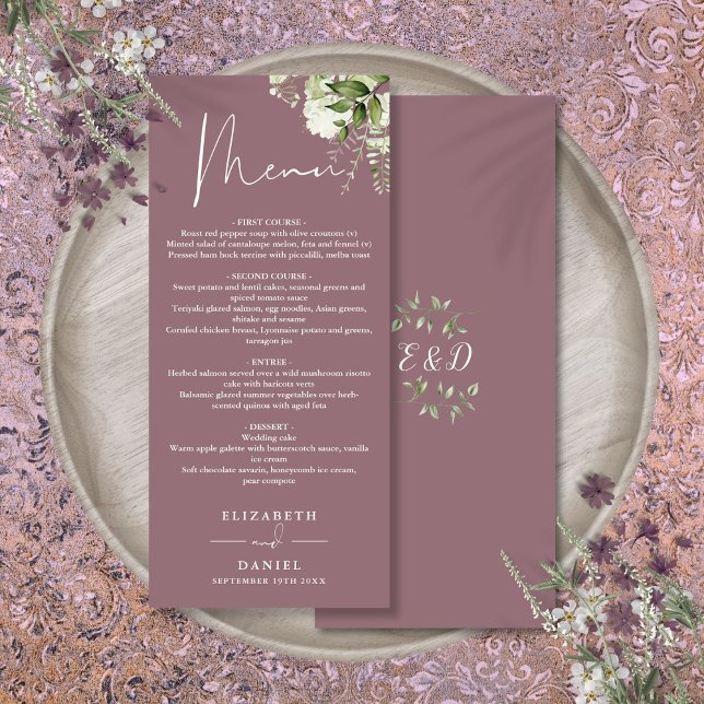 Mauve Floral Greenery Monogram Wedding Dinner Menükarte (Mauve Floral Greenery Monogram Wedding Dinner Menu)