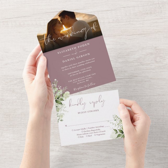 Mauve Floral Greenery Wedding Foto All In One Einladung (Abreißen)