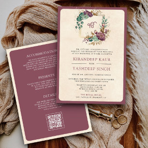 Mauve Floral QR Code Anand Karaj Sikh Wedding Einladung
