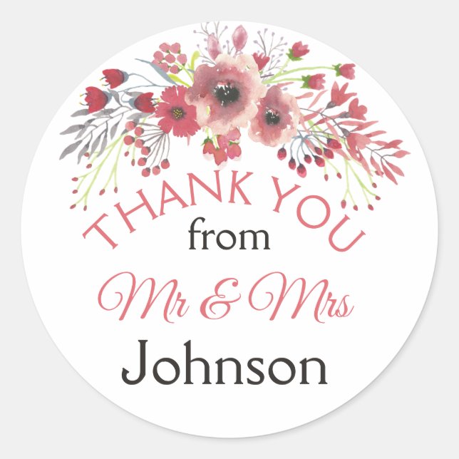 Mauve Floral Vielen Dank Personalisiert Mr. & Mrs. Runder Aufkleber (Vorderseite)