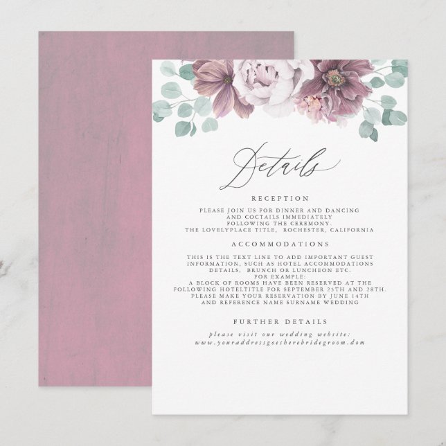 Mauve Floral Wedding Information Begleitkarte (Vorne/Hinten)