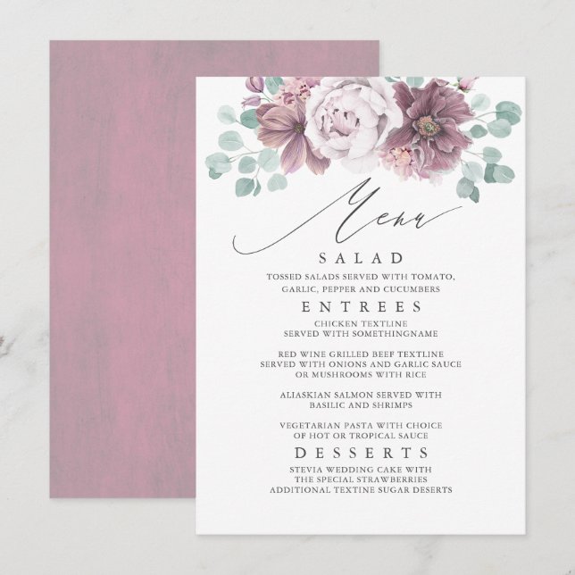 Mauve Floral Wedding Menu Menükarte (Vorne/Hinten)