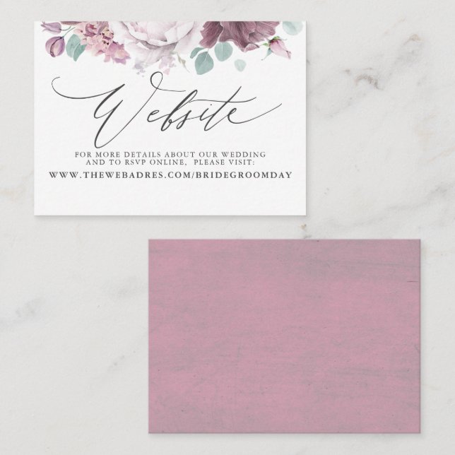 Mauve Floral Wedding Website Card Visitenkarte (Vorne/Hinten)