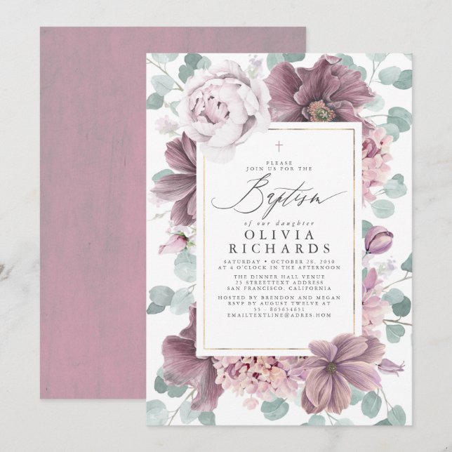 Mauve Flowers Eucalyptus Leaves Elegant Baptism Einladung (Vorne/Hinten)