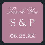 Mauve Gastgeschenk Hochzeit Danke, Sticker<br><div class="desc">Mauve Gastgeschenk Hochzeit Danke Sticker,  bitte personalisieren Sie mit den Initialen des Paares und das Datum der Hochzeit,  mit der Online-Personalisierung Vorlage vor der Bestellung.</div>