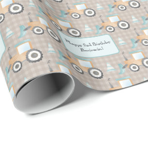 Mauve Gingham Kariert Construction Digger Textname Geschenkpapier