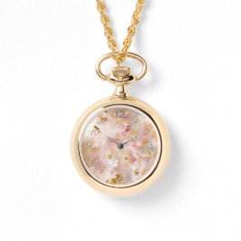 Mauve & Gold Floral Abstrakt Necklace Watch Armbanduhr