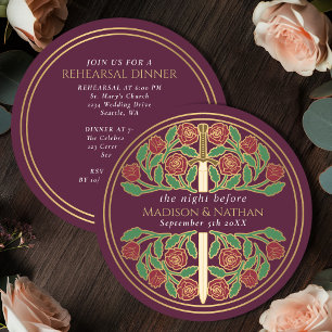 Mauve Gold Floral Schwert Royal Hochzeit Probedinn Einladung