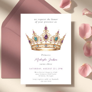 Mauve Gold Princess Crown Fairytale Birthday Party Einladung