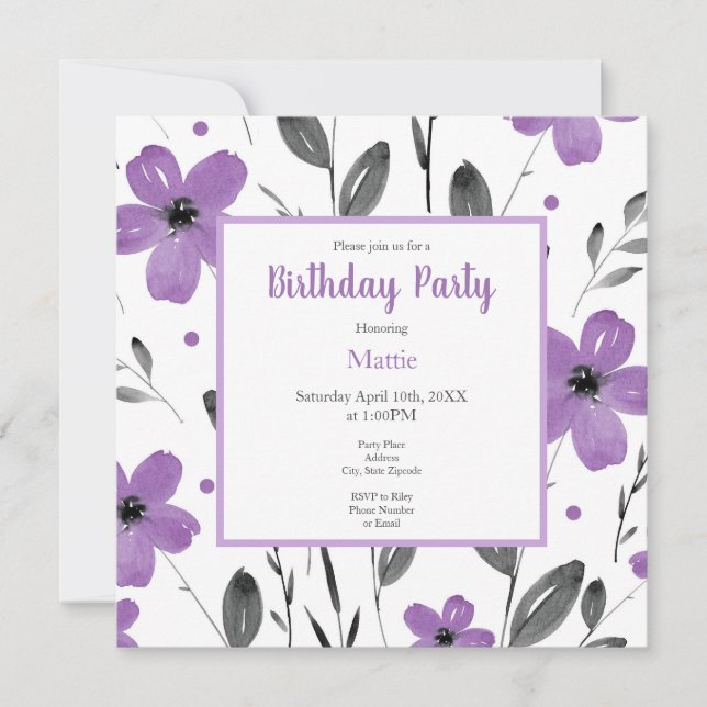 Mauve Gray Watercolor Floral Motif Einladung (Vorderseite)