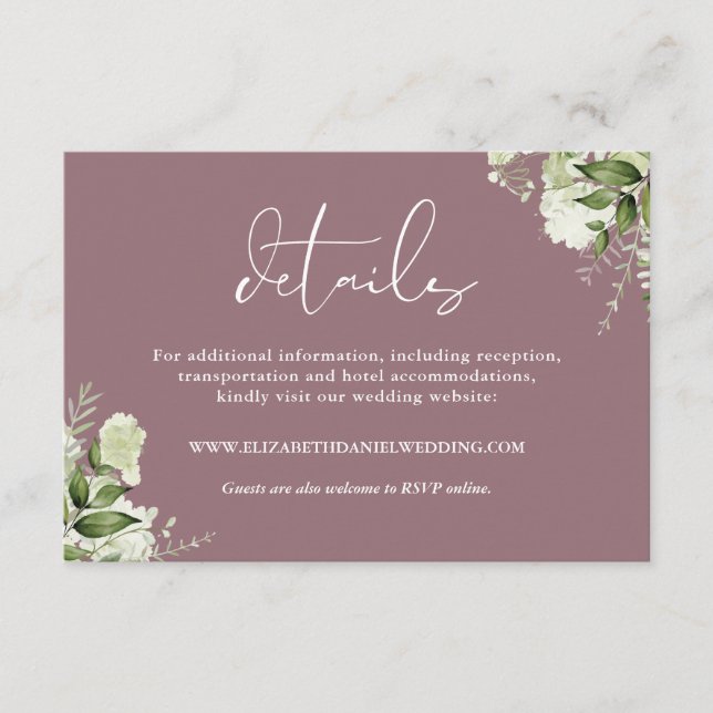 Mauve Greenery Floral Elegante Hochzeiten Details Begleitkarte (Vorderseite)