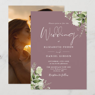 Mauve Greenery Floral Elegantes Foto Hochzeit Einladung