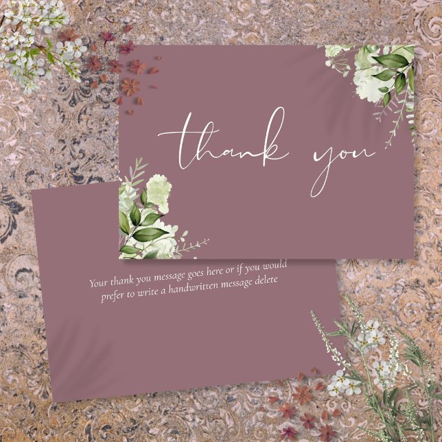Mauve Greenery Floral Elegantes Skript Dankeskarte (Mauve Greenery Floral Elegant Script Thank You Card)