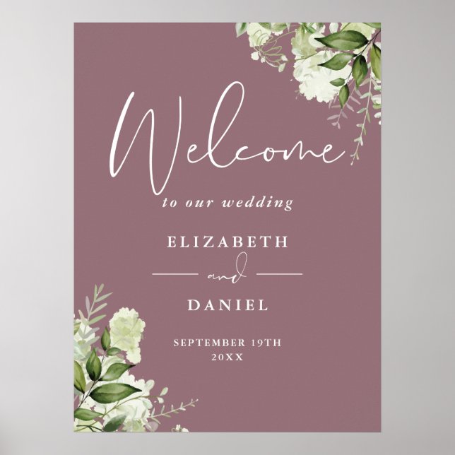 Mauve Greenery Floral Mariage Affiche de bienvenue (Devant)