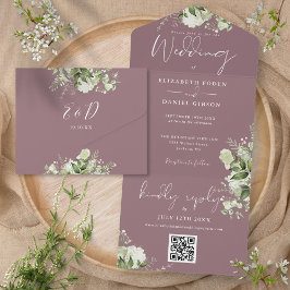 Mauve Greenery Floral QR Code Monogram Wedding All In One Einladung