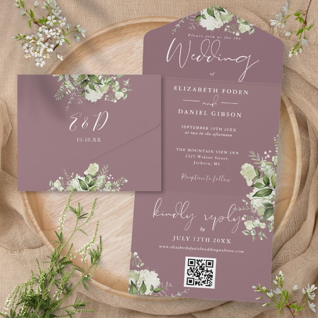 Mauve Greenery Floral QR Code Monogram Wedding All In One Einladung (Mauve Greenery Floral QR Code Monogram Wedding All In One Invitation)