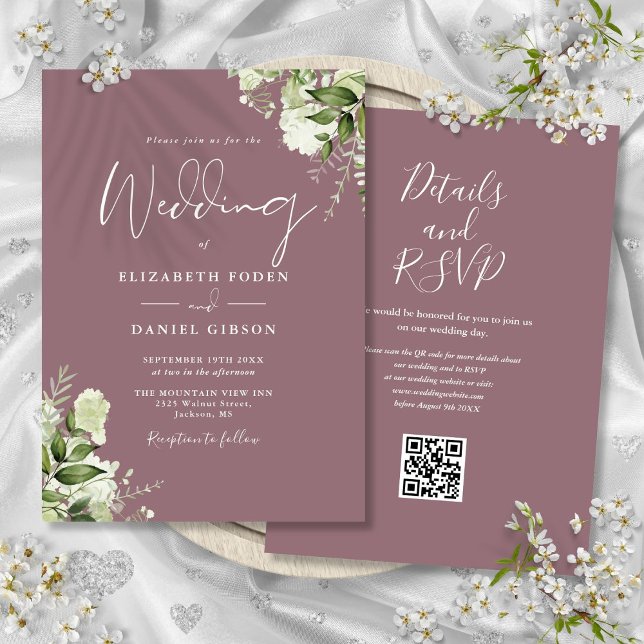 Mauve Greenery Floral QR Code Wedding Einladung (Mauve Greenery Floral QR Code Wedding Invitation)