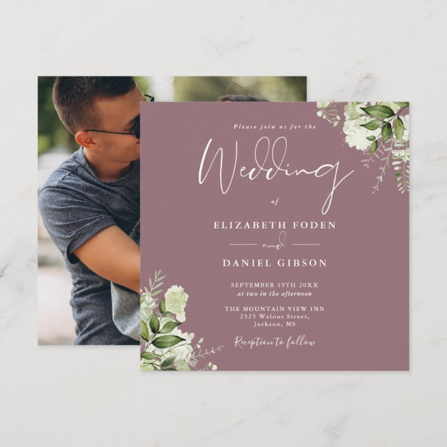 Mauve Greenery Foto Square Wedding Einladung (Vorne/Hinten)