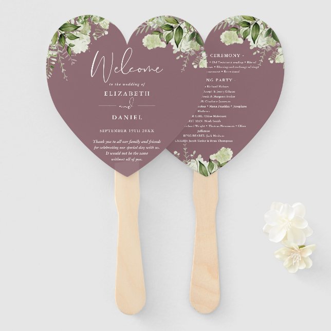 Mauve Greenery Wedding Program Heart Fächer (Vorne und Hinten)