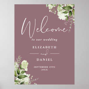 Mauve-Grün-Blumen-Hochzeit-Willkommensschild Poster