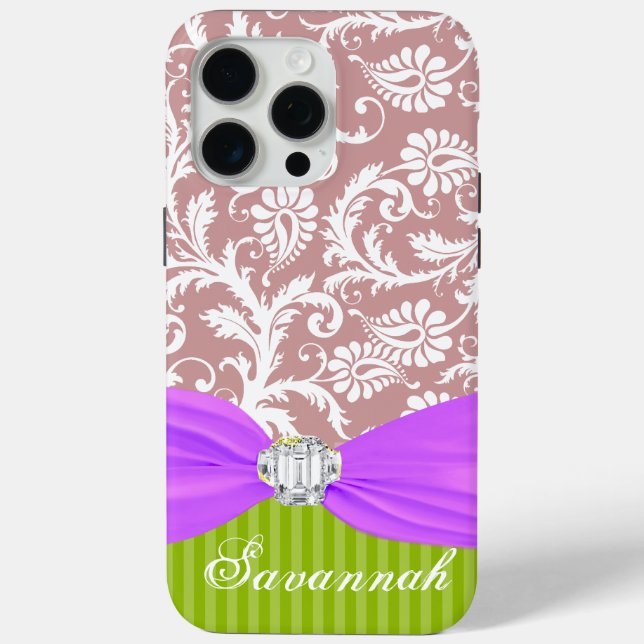 Mauve Imitats Rhinstone Personalisiert Damask iPhone 15 Pro Max Hülle (Rückseite)