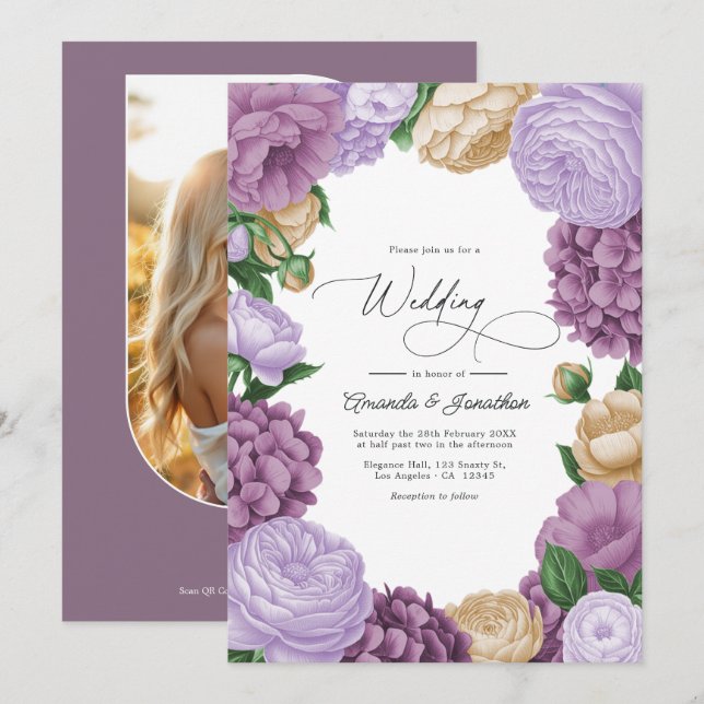 Mauve, Lavender Smoke & Champagne Floral Wedding Einladung (Vorne/Hinten)