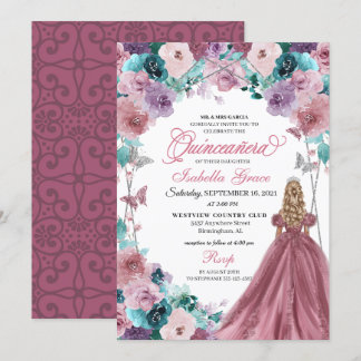 Mauve Lila Aquamarin Pink Sunset Quinceanera Einladung