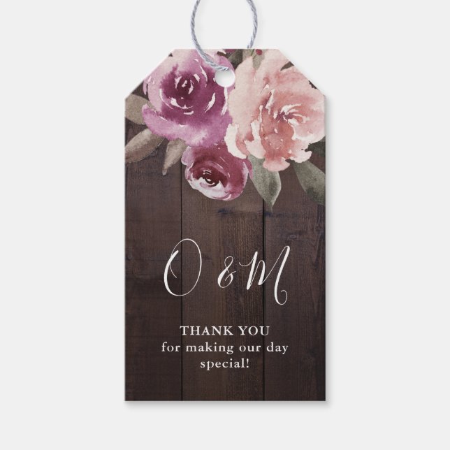 Mauve lila blumengeschmückte Mono-Hochzeit Geschenkanhänger (Vorderseite)