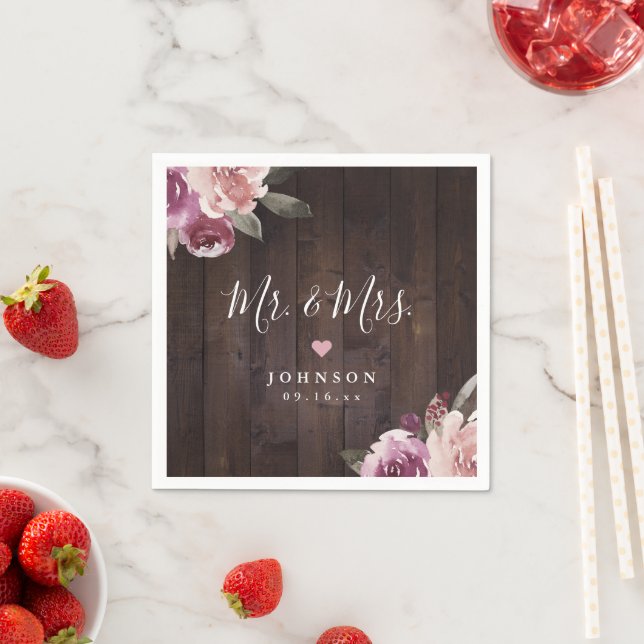 Mauve lila, blumengeschmücktes Holz Mr. & Mrs. Serviette (Beispiel)
