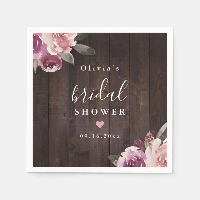 Mauve lila, blumengeschmücktes rustikales Brautpar Serviette (Vorderseite)