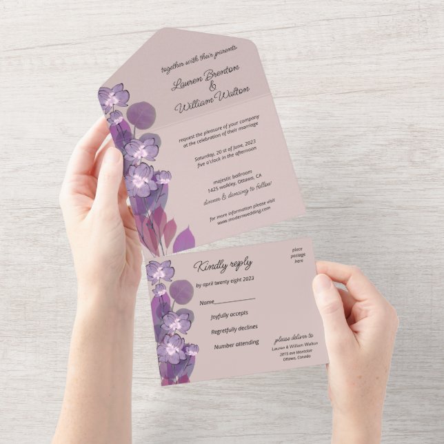 Mauve lila Errötung All In One Einladung (Abreißen)