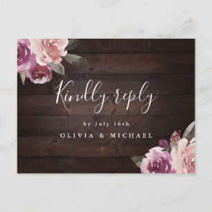Mauve lila florale rustikale Holz Hochzeit rsvp Einladungspostkarte