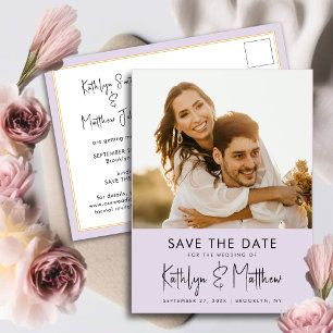 Mauve Lila modernes Foto Hochzeit retten das Datum Ankündigungspostkarte
