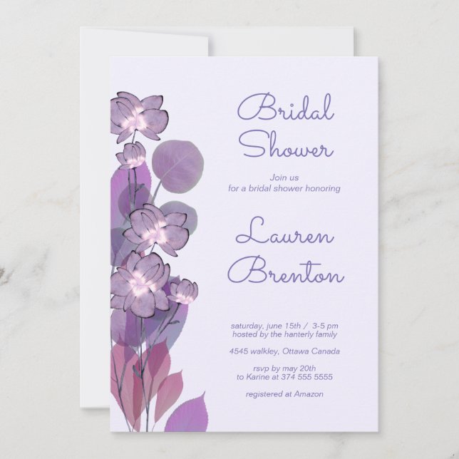 Mauve lila periwinkle blumengeschmücktes Brautpart Einladung (Vorderseite)