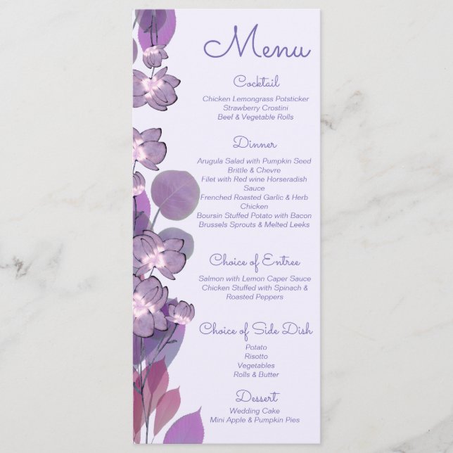 Mauve lila periwinkle blumenreiche Hochzeit Menükarte (Vorderseite)