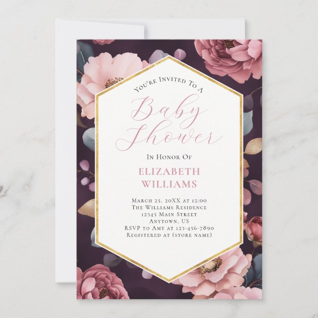 Mauve Lila Pink Gold Peonies Baby Dusche Einladung (Vorderseite)