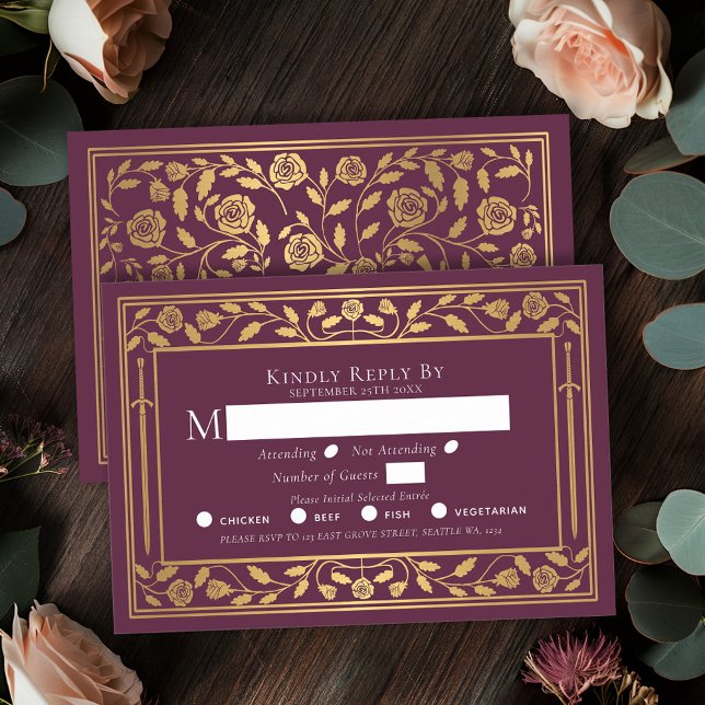 Mauve Medieval Sword Wedding RSVP Enclosure Card Begleitkarte (Von Creator hochgeladen)