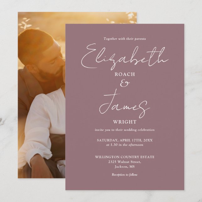 Mauve Minimalistisch Script Foto Wedding Einladung (Vorne/Hinten)