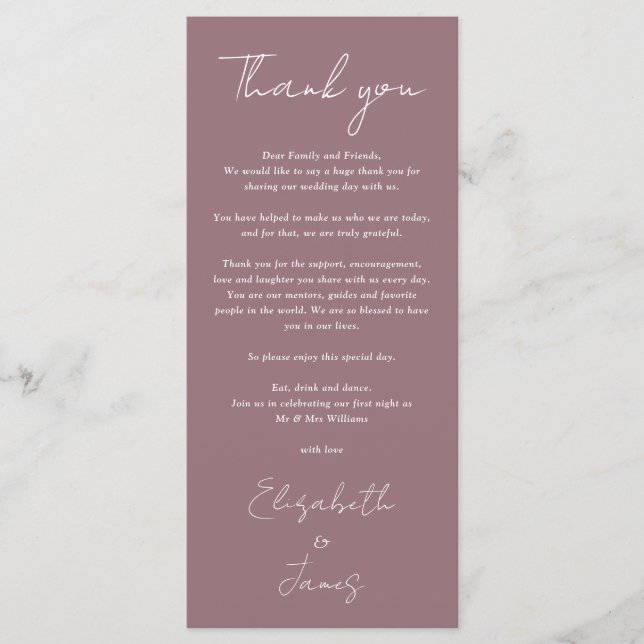 Mauve Minimalistisch Wedding Vielen Dank Platzkart Menükarte (Vorderseite)