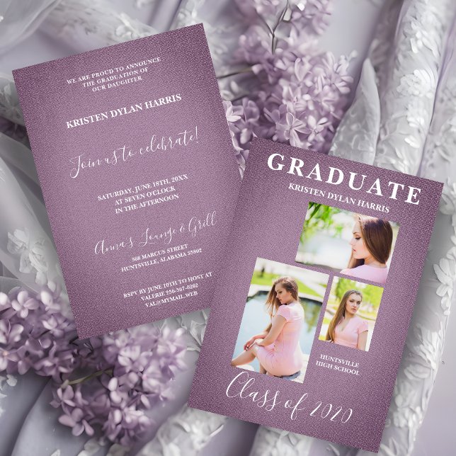 Mauve Modern 3 Fotos Collage Grad Textur (Mauve Modern 3 Photos Collage Graduation Fabric Texture Effect Invitation Card in Lilac Shades.)