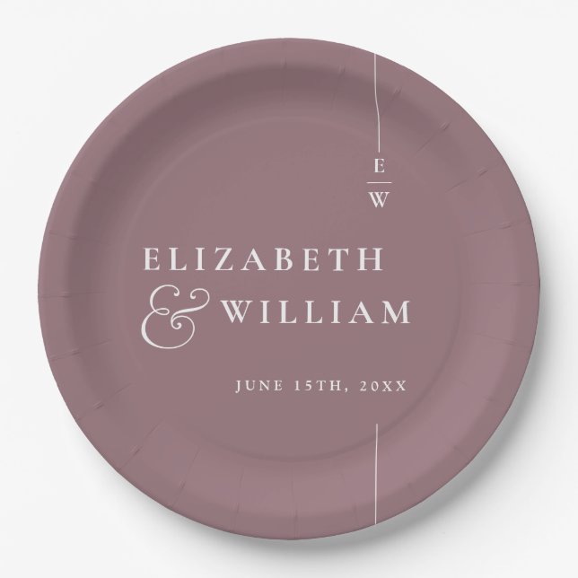 Mauve Modern Elegante Minimalistische Monogram Wed Pappteller (Vorderseite)