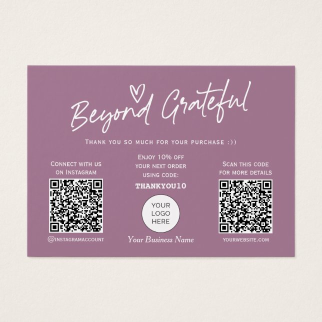 Mauve Modern Script QR Code Dankeschön Karte (Vorderseite)