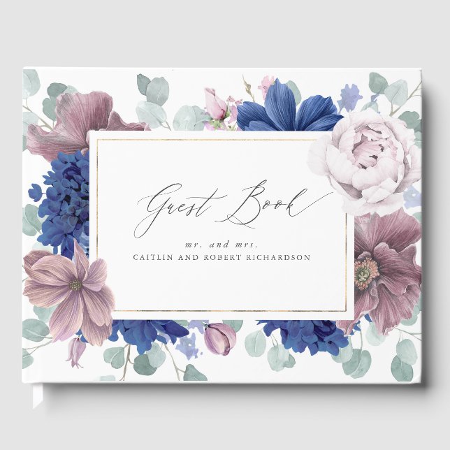 Mauve Navy Blue Floral Elegant Wedding Guest Book Gästebuch (Vorderseite)